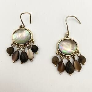 Vintage MONET Boho Chandelier Teardrop Mother of Pearl Dangle Gold Tone Earrings